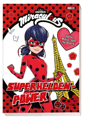 Buchcover und Innenansicht für das Buch: Miraculous: Superhelden-Power - Starke Motive zum Ausmalen