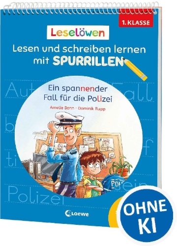 Buchcover und Innenansicht für das Buch: Leselöwen - Lesen und schreiben lernen mit Spurrillen - Ein spannender Fall für die Polizei