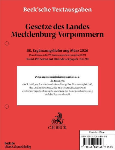 Buchcover und Innenansicht für das Buch: Gesetze des Landes Mecklenburg-Vorpommern 80. Ergänzungslieferung