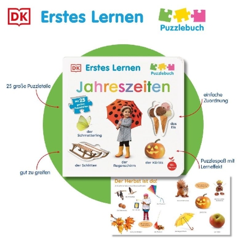 Buchcover und Innenansicht für das Buch: Erstes Lernen Puzzlebuch. Jahreszeiten