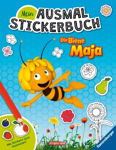 Buchcover und Innenansicht für das Buch: Mein Ausmalstickerbuch: Die Biene Maja
