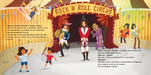 Buchcover und Innenansicht für das Buch: Ella & Ben und die Rolling Stones - Von wilden Pferden, rollenden Steinen und ausgestreckten Zungen