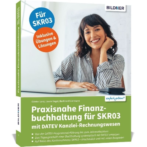 Buchcover und Innenansicht für das Buch: Praxisnahe Finanzbuchhaltung für SKR03 mit DATEV Kanzlei-Rechnungswesen