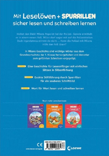 Buchcover und Innenansicht für das Buch: Leselöwen - Lesen und schreiben lernen mit Spurrillen - Ein spannender Fall für die Polizei