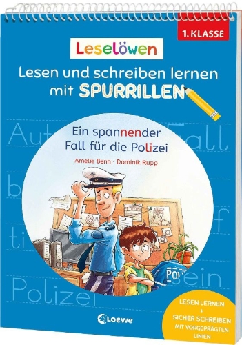 Buchcover und Innenansicht für das Buch: Leselöwen - Lesen und schreiben lernen mit Spurrillen - Ein spannender Fall für die Polizei