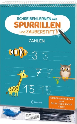 Buchcover und Innenansicht für das Buch: Schreiben lernen mit Spurrillen und Zauberstift - Zahlen