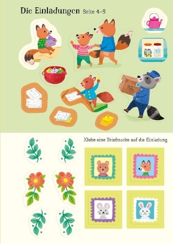 Buchcover und Innenansicht für das Buch: Mein Immer-wieder-Stickerbuch: Oma Dachs feiert Geburtstag