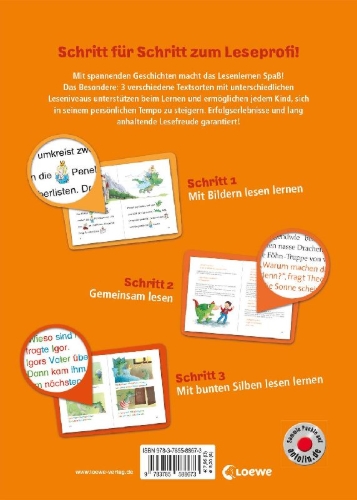 Buchcover und Innenansicht für das Buch: Lesenlernen in 3 Schritten - Die schönsten Drachengeschichten