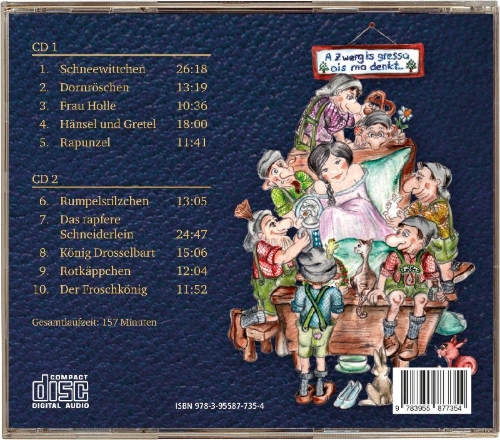 Buchcover und Innenansicht für das Buch: Die schönsten Grimms Märchen auf Bairisch