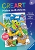 Buchcover und Innenansicht für das Buch: CreArt Malen nach Zahlen ab 5 - Zauberpapier: Dinos auf der Baustelle