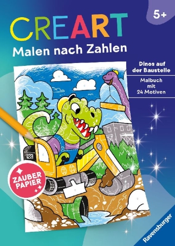 Buchcover und Innenansicht für das Buch: CreArt Malen nach Zahlen ab 5 - Zauberpapier: Dinos auf der Baustelle