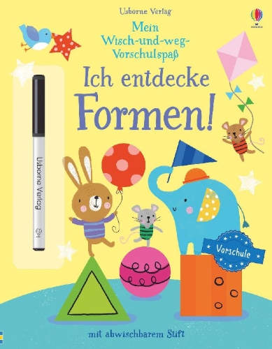 Buchcover und Innenansicht für das Buch: Mein Wisch-und-weg-Vorschulspaß: Ich entdecke Formen!