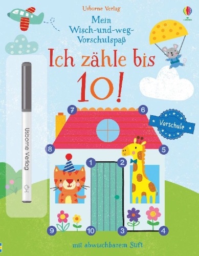 Buchcover und Innenansicht für das Buch: Mein Wisch-und-weg-Vorschulspaß: Ich zähle bis 10!