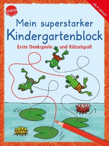 Buchcover und Innenansicht für das Buch: Mein superstarker Kindergartenblock. Erste Denkspiele und Rätselspaß