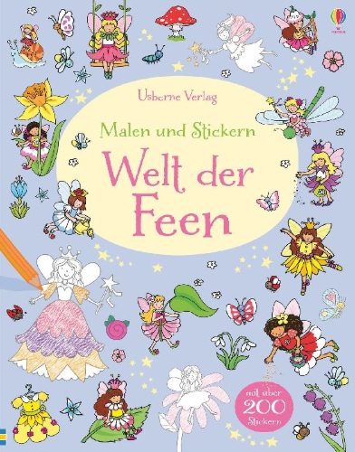 Buchcover und Innenansicht für das Buch: Malen und Stickern: Welt der Feen