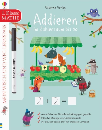 Buchcover und Innenansicht für das Buch: Mein Wisch-und-weg-Lernspaß: Addieren im Zahlenraum bis 20