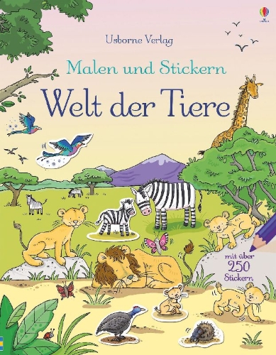 Buchcover und Innenansicht für das Buch: Malen und Stickern: Welt der Tiere