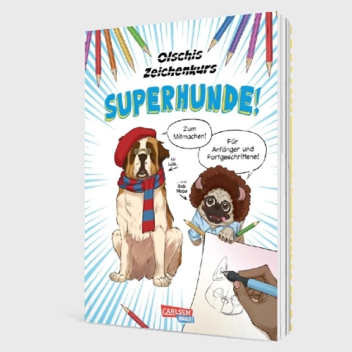 Buchcover und Innenansicht für das Buch: Olschis Zeichenkurs: Superhunde!