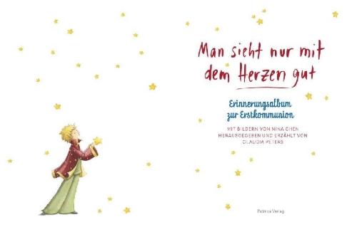 Buchcover und Innenansicht für das Buch: Man sieht nur mit dem Herzen gut - Mein Erstkommunionalbum