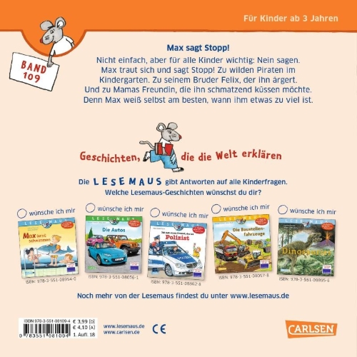 Buchcover und Innenansicht für das Buch: LESEMAUS 109: Max sagt Stopp!