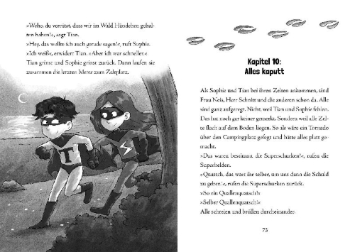 Buchcover und Innenansicht für das Buch: Eine Klasse voller Superhelden - Schulausflug mit Superschurken! (Eine Klasse voller Superhelden, Bd. 2)