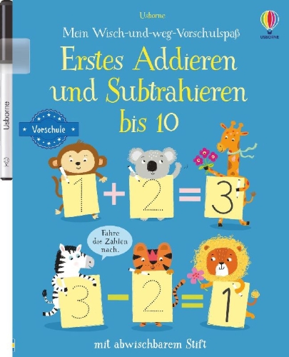 Buchcover und Innenansicht für das Buch: Mein Wisch-und-weg-Vorschulspaß: Erstes Addieren und Subtrahieren bis 10
