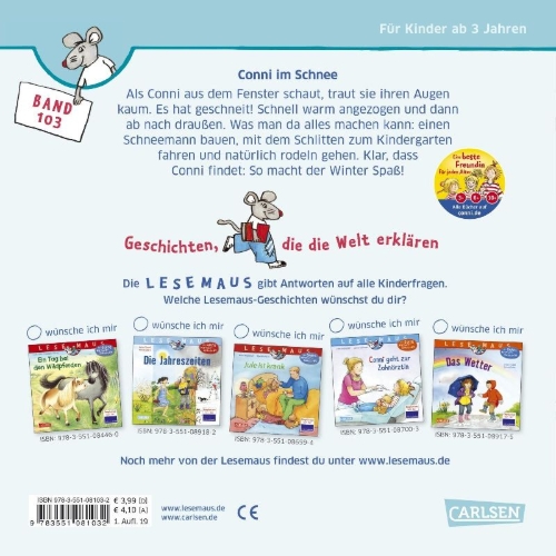 Buchcover und Innenansicht für das Buch: LESEMAUS 103: Conni im Schnee