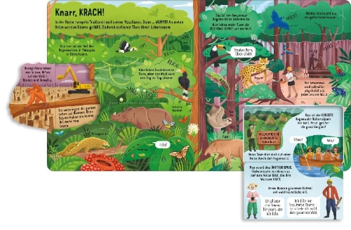 Buchcover und Innenansicht für das Buch: Aufklappen und Entdecken: Bedrohte Tiere