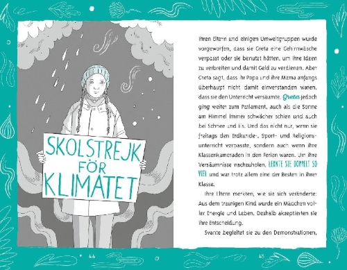Buchcover und Innenansicht für das Buch: Jeden Freitag die Welt bewegen - Gretas Geschichte