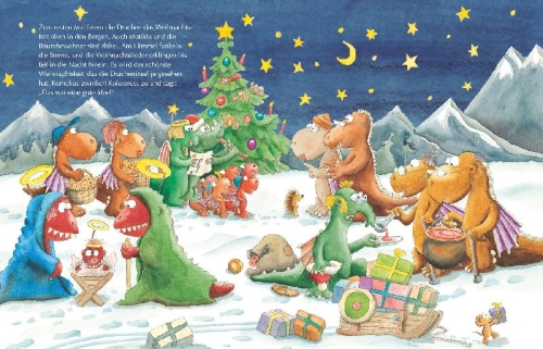 Buchcover und Innenansicht für das Buch: Der kleine Drache Kokosnuss - Weihnachten auf der Dracheninsel