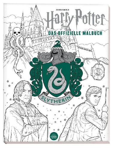Buchcover und Innenansicht für das Buch: Aus den Filmen zu Harry Potter: Das offizielle Malbuch: Slytherin