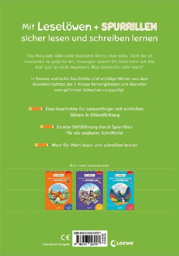 Buchcover und Innenansicht für das Buch: Leselöwen - Lesen und schreiben lernen mit Spurrillen - Eine ponystarke Freundschaft
