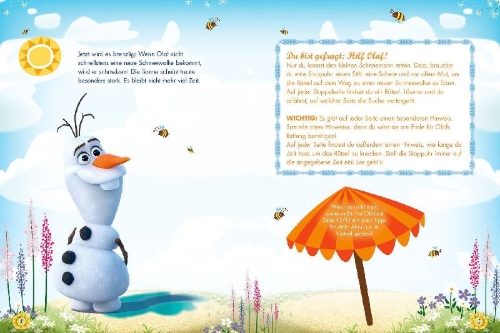 Buchcover und Innenansicht für das Buch: Disney Die Eiskönigin: ESCAPE - Löse die Rätsel, finde Elsa und rette Olaf!