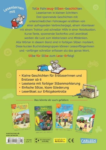 Buchcover und Innenansicht für das Buch: LESEMAUS zum Lesenlernen Sammelbände: Tolle Fahrzeug-Silben-Geschichten