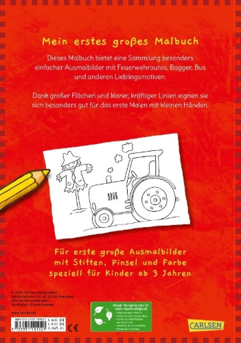 Buchcover und Innenansicht für das Buch: Mein erstes großes Malbuch: Fahrzeuge: Malen ab 3 Jahren