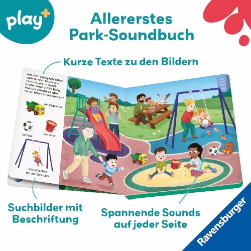 Buchcover und Innenansicht für das Buch: Play+ Mein allererstes Soundbuch Im Park - ab 12 Monate