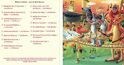 Buchcover und Innenansicht für das Buch: Der Karneval der Tiere. Eine fröhliche Musikfantasie.