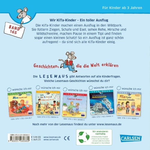 Buchcover und Innenansicht für das Buch: LESEMAUS 165: Wir KiTa-Kinder - Ein toller Ausflug