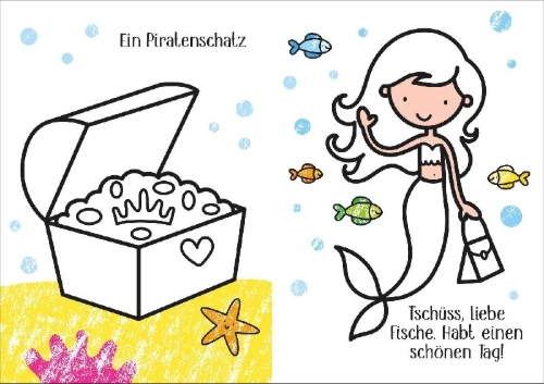 Buchcover und Innenansicht für das Buch: Kleine Kreativ-Werkstatt - Ganz einfach ausmalen: Meerjungfrauen