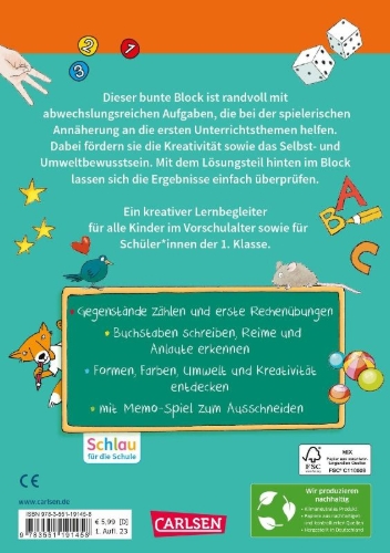 Buchcover und Innenansicht für das Buch: Schlau für die Schule: Mein bunter Vorschul-Block