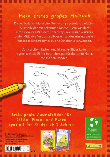 Buchcover und Innenansicht für das Buch: Ausmalbilder für Kita-Kinder: Mein erstes großes Malbuch: Dinosaurier