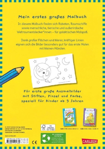 Buchcover und Innenansicht für das Buch: Ausmalbilder für Kita-Kinder: Mein erstes großes Malbuch: Im Weltall