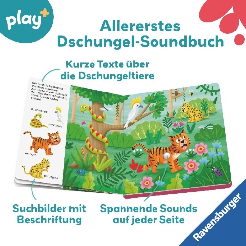 Buchcover und Innenansicht für das Buch: Play+ Mein allererstes Soundbuch Im Dschungel - ab 12 Monate