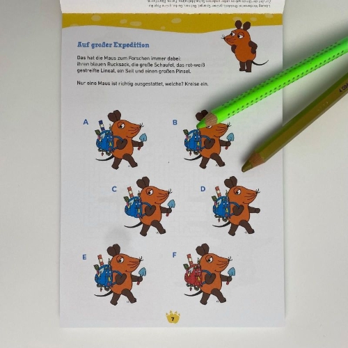 Buchcover und Innenansicht für das Buch: Frag doch mal ... die Maus: Mein Rätselblock mit der Maus - Dinos