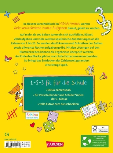 Buchcover und Innenansicht für das Buch: Schlau für die Schule: Mein MEGA dicker Zahlen-Block