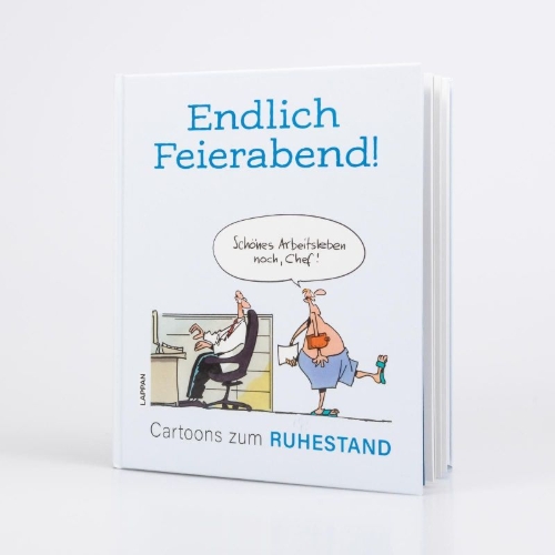 Buchcover und Innenansicht für das Buch: Endlich Feierabend! - Cartoons zum Ruhestand
