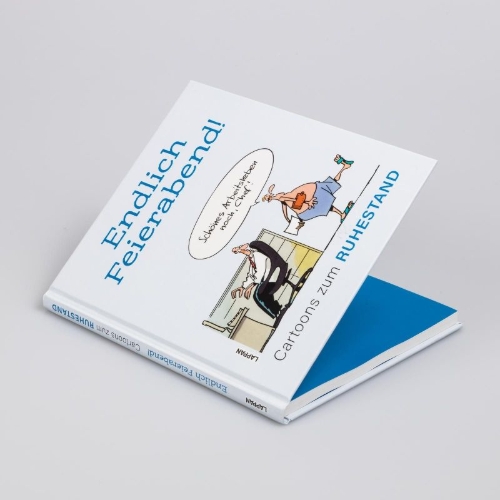 Buchcover und Innenansicht für das Buch: Endlich Feierabend! - Cartoons zum Ruhestand