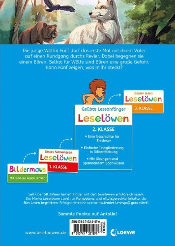 Buchcover und Innenansicht für das Buch: Leselöwen 2. Klasse - Das geheime Leben der Tiere - Die weiße Wölfin in Gefahr