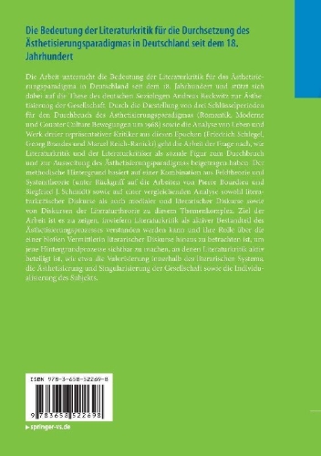 Buchcover und Innenansicht für das Buch: Die Bedeutung der Literaturkritik für die Durchsetzung des Ästhetisierungsparadigmas in Deutschland seit dem 18. Jahrhundert