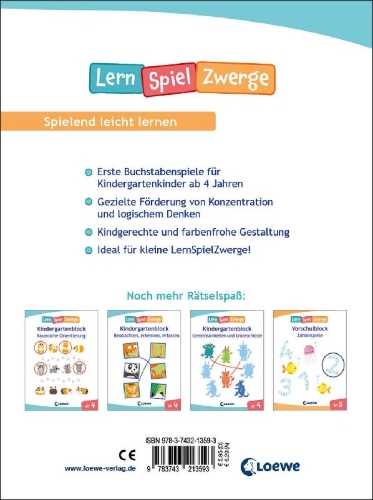 Buchcover und Innenansicht für das Buch: Die neuen LernSpielZwerge - Erste Buchstabenspiele